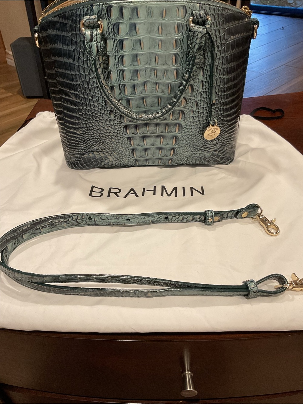 Brahmin Duxbury Teal Croc-Embossed Leather Satchel with Detachable Strap